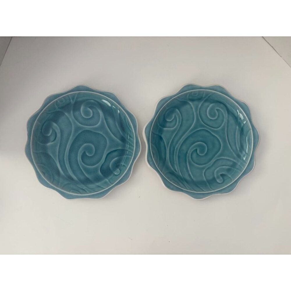 Pier 1 Tidal Blue Salad Plates 8 3/4" Blue Discontinued Scalloped 2008 Set of 2